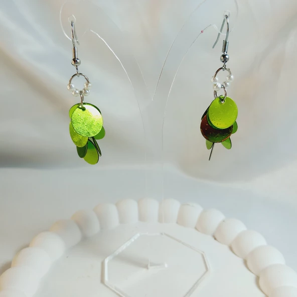 Fıstık Yeşili İnci Boncuk Yuvarlak Pul Boncuk Aesthetic Soft Vibes Vintage Hediyelik Tasarım Sallantılı Küpe - 3