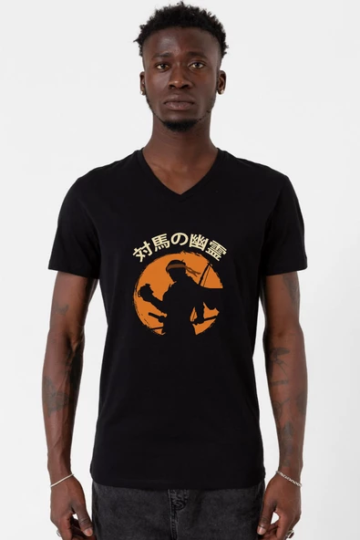 Ghost Of Tsushima The Island Japanese Siyah Erkek V yaka Tshirt