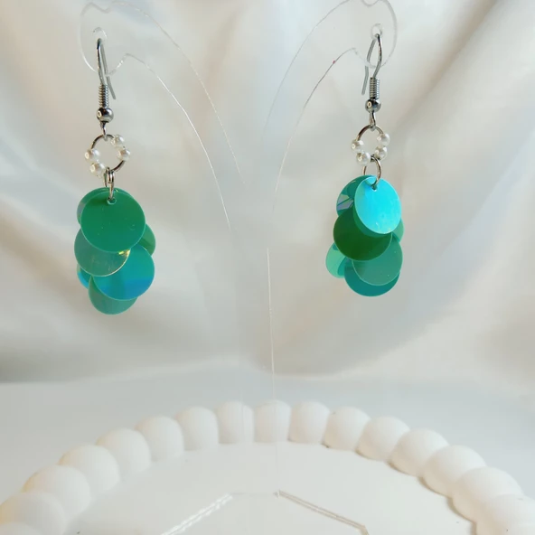 Turkuaz İnci Boncuk Yuvarlak Pul Boncuk Aesthetic Soft Vibes Vintage Hediyelik Tasarım Sallantılı Küpe - 3