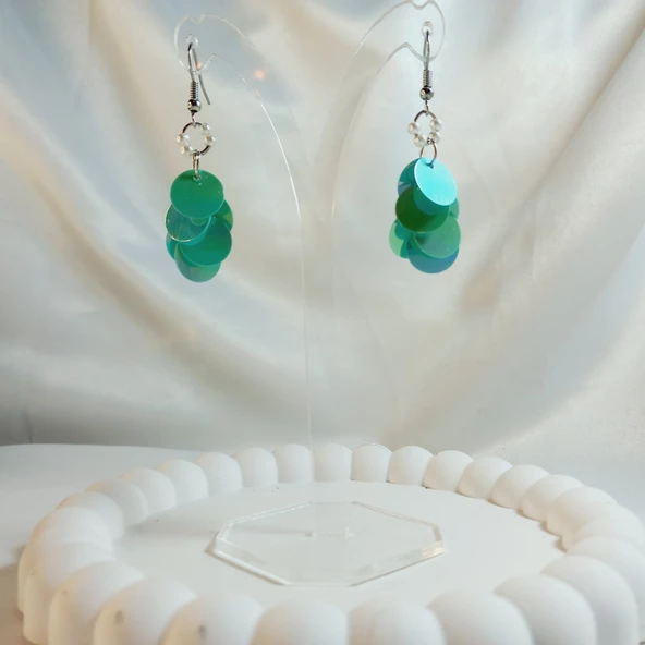 Turkuaz İnci Boncuk Yuvarlak Pul Boncuk Aesthetic Soft Vibes Vintage Hediyelik Tasarım Sallantılı Küpe - 4