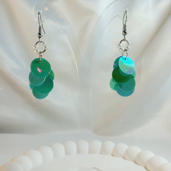 Turkuaz İnci Boncuk Yuvarlak Pul Boncuk Aesthetic Soft Vibes Vintage Hediyelik Tasarım Sallantılı Küpe - 2