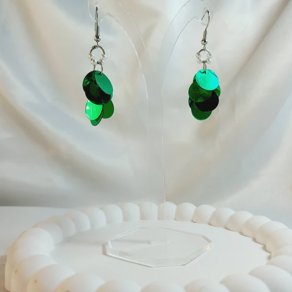 Yeşil İnci Boncuk Yuvarlak Pul Boncuk Aesthetic Soft Vibes Vintage Hediyelik Tasarım Sallantılı Küpe - 4