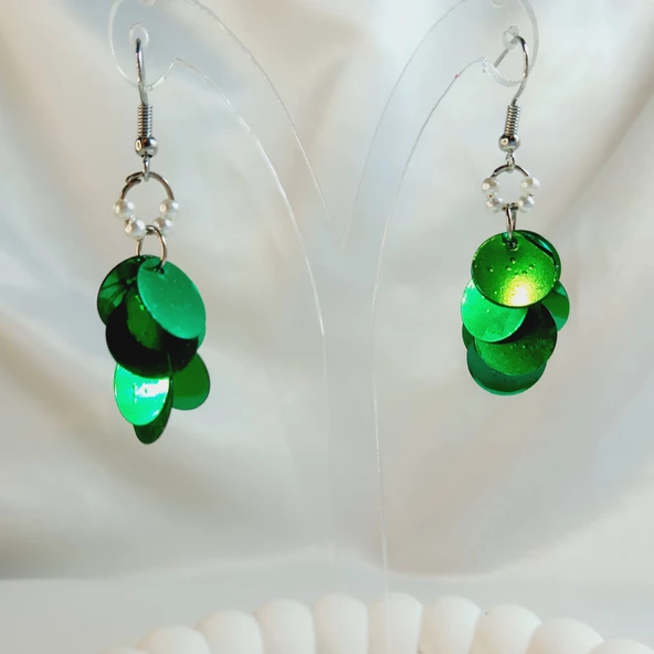 Yeşil İnci Boncuk Yuvarlak Pul Boncuk Aesthetic Soft Vibes Vintage Hediyelik Tasarım Sallantılı Küpe - 2