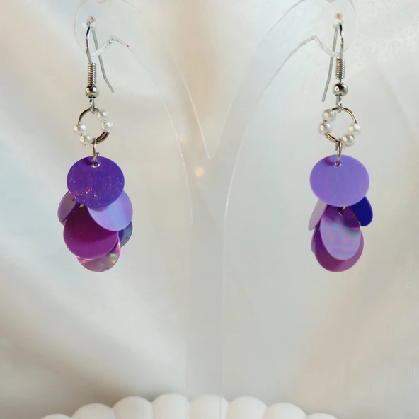 Mor İnci Boncuk Yuvarlak Pul Boncuk Aesthetic Soft Vibes Vintage Hediyelik Tasarım Sallantılı Küpe - 3