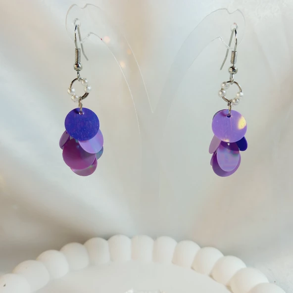 Mor İnci Boncuk Yuvarlak Pul Boncuk Aesthetic Soft Vibes Vintage Hediyelik Tasarım Sallantılı Küpe - 2