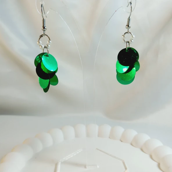 Yeşil İnci Boncuk Yuvarlak Pul Boncuk Aesthetic Soft Vibes Vintage Hediyelik Tasarım Sallantılı Küpe - 3