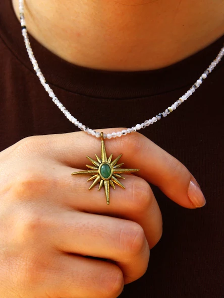 Kuzey Yıldızı Doğal Taşlı Aytaşı Yeşil Akik 3 mm Doğal Taş Kadın Kolye euk21aya - Resim 3