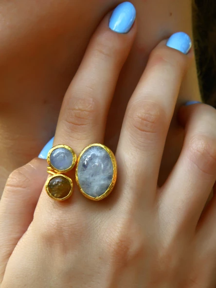 3'lü Doğal Taşlı Ayarlanabilir Altın Kaplama Kadın Yüzük Sitrin Aytaşı eouy4sa ürün görseli