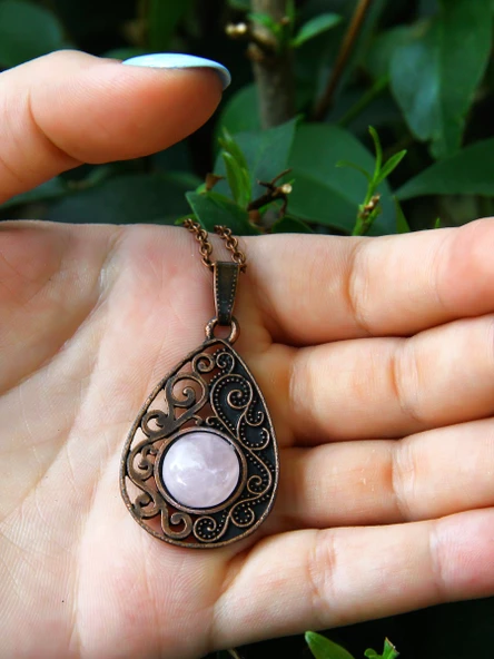 Doğal Taş Pembe Kuvars Doğal Taşlı Kadın Antik Modelli Kolye 40cm Zincirli euk24pk - Resim 4