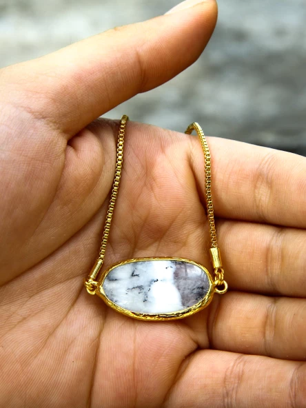 Doğal Taş Dentiritli Opal Taşlı Asansörlü Kadın Bileklik eub4do - Resim 3