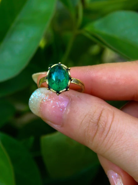 Doğal Taş Yeşil Akik Doğal Taşlı Antik Modelli Ayarlanabilir Kadın Yüzük euy38ya - Resim 3