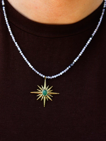 Kuzey Yıldızı Doğal Taşlı Aytaşı Yeşil Akik 3 mm Doğal Taş Kadın Kolye euk21aya ürün görseli