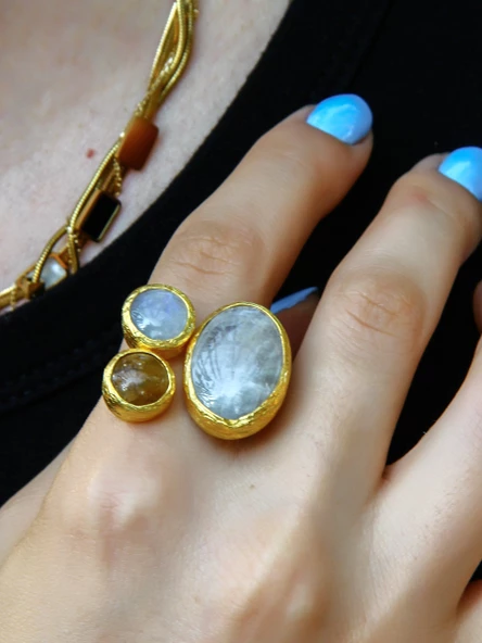 3'lü Doğal Taşlı Ayarlanabilir Altın Kaplama Kadın Yüzük Sitrin Aytaşı eouy4sa - Resim 2