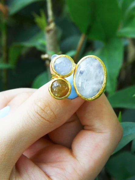 3'lü Doğal Taşlı Ayarlanabilir Altın Kaplama Kadın Yüzük Sitrin Aytaşı eouy4sa - Resim 3