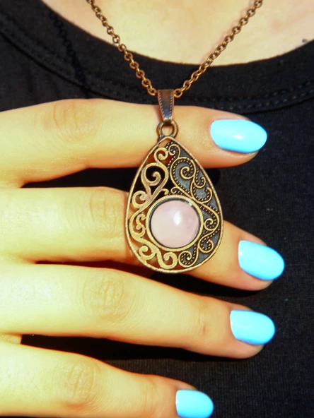 Doğal Taş Pembe Kuvars Doğal Taşlı Kadın Antik Modelli Kolye 40cm Zincirli euk24pk - Resim 3