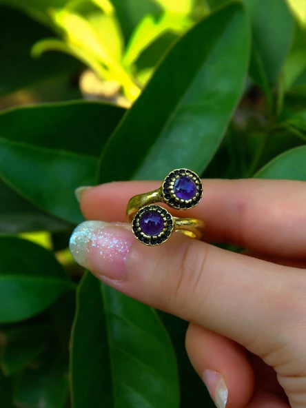 Doğal Taş İkili Ametist Doğal Taşlı Ayarlanabilir Yüzük euy25at - Resim 3