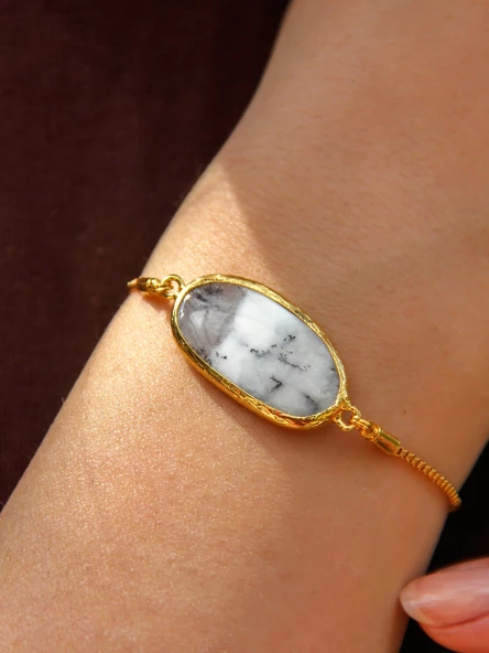 Doğal Taş Dentiritli Opal Taşlı Asansörlü Kadın Bileklik eub4do - Resim 2
