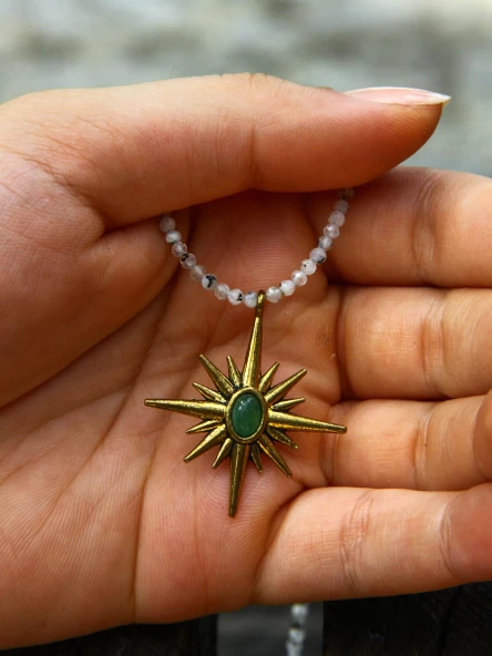 Kuzey Yıldızı Doğal Taşlı Aytaşı Yeşil Akik 3 mm Doğal Taş Kadın Kolye euk21aya - Resim 4