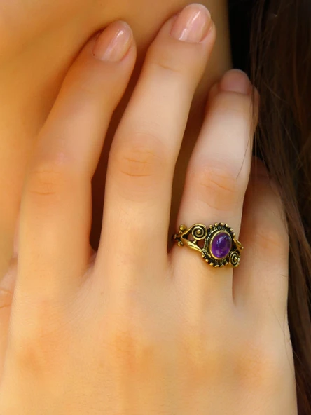 Doğal Taş Ametist Doğal Taşlı Antik İşlemeli Ayarlanabilir Kadın Yüzük euy36at ürün görseli
