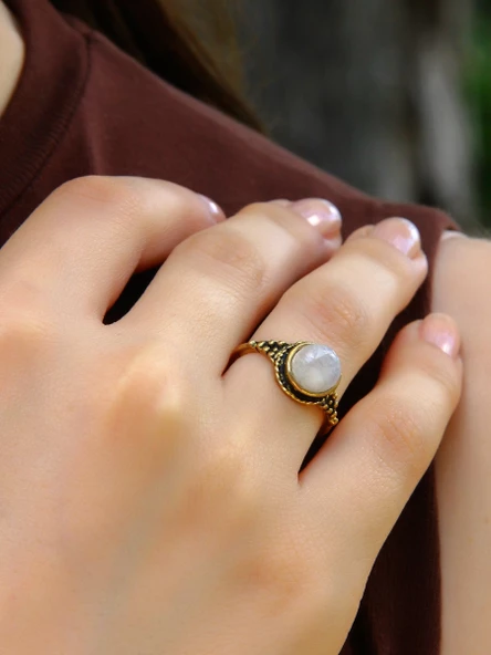 Doğal Taş Yuvarlak Aytaşı Doğal Taşlı Kadın Ayarlanabilir Yüzük euy35ay - Resim 2