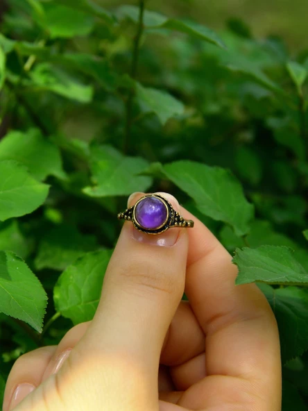 Doğal Taş Yuvarlak Ametist Doğal Taşlı Kadın Ayarlanabilir Yüzük euy35a - Resim 3