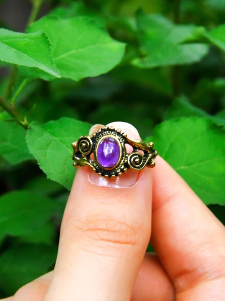 Doğal Taş Ametist Doğal Taşlı Antik İşlemeli Ayarlanabilir Kadın Yüzük euy36at - Resim 3