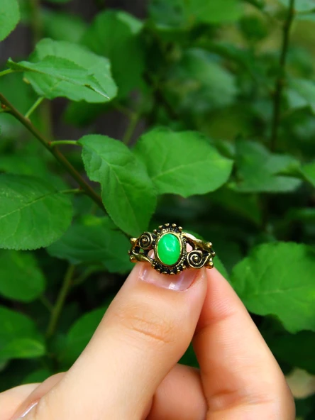 Doğal Taş Yeşil Akik Doğal Taşlı Antik İşlemeli Ayarlanabilir Kadın Yüzük euy36ya - Resim 3