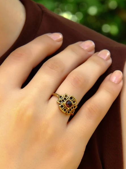 Doğal Taş Lal (Granat Garnet) Minimal Doğal Taşlı Antik Ayarlanabilir Kadın Yüzük euy37l ürün görseli