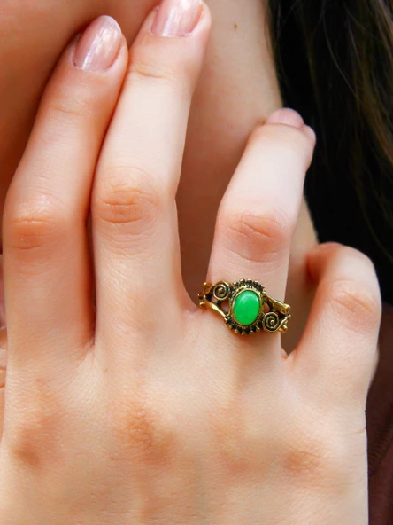 Doğal Taş Yeşil Akik Doğal Taşlı Antik İşlemeli Ayarlanabilir Kadın Yüzük euy36ya ürün görseli
