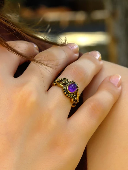 Doğal Taş Ametist Doğal Taşlı Antik İşlemeli Ayarlanabilir Kadın Yüzük euy36at - Resim 2