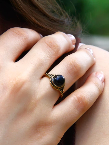 Doğal Taş Yuvarlak Oniks Doğal Taşlı Kadın Ayarlanabilir Yüzük euy35o - Resim 2