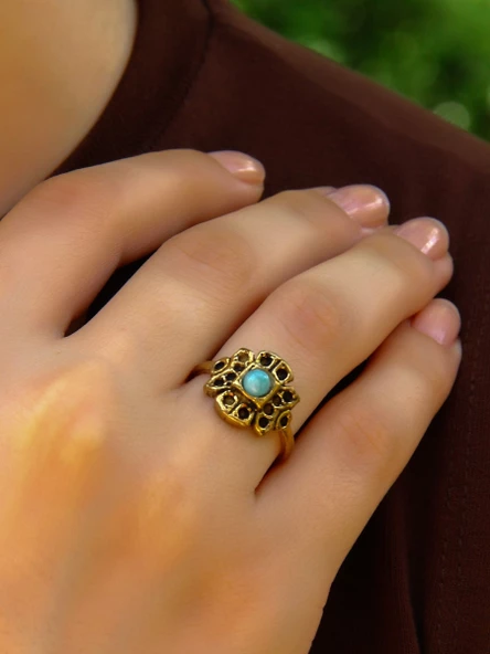 Doğal Taş Amazonit Minimal Doğal Taşlı Antik Ayarlanabilir Kadın Yüzük euy37az - Resim 2
