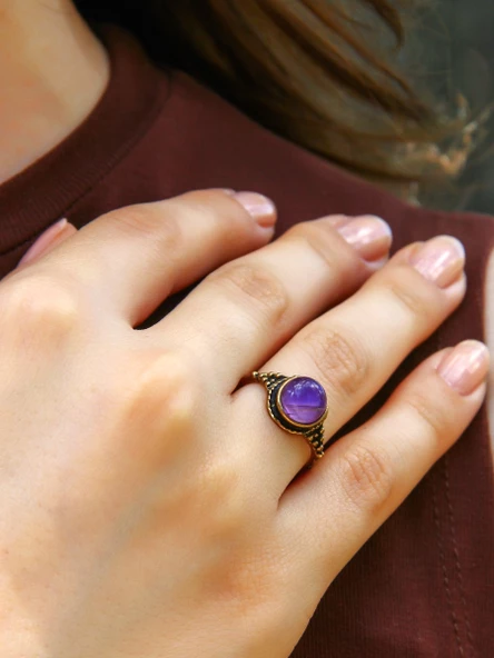 Doğal Taş Yuvarlak Ametist Doğal Taşlı Kadın Ayarlanabilir Yüzük euy35a - Resim 2
