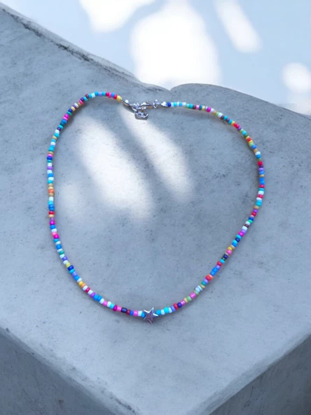 Renkli Kum Boncuk Yıldız Figürlü Boncuk Aesthetic Star Vintage Fairycore Soft Y2K Hediyelik Tasarım Kolye - 2