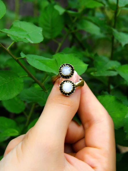 Doğal Taş İkili Aytaşı Doğal Taşlı Ayarlanabilir Yüzük euy25ay - Resim 3