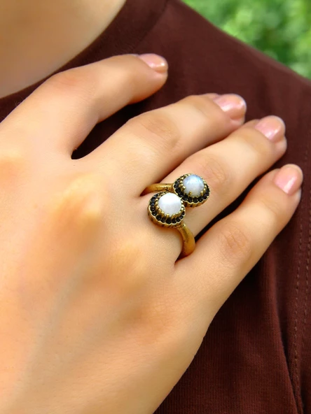 Doğal Taş İkili Aytaşı Doğal Taşlı Ayarlanabilir Yüzük euy25ay - Resim 2