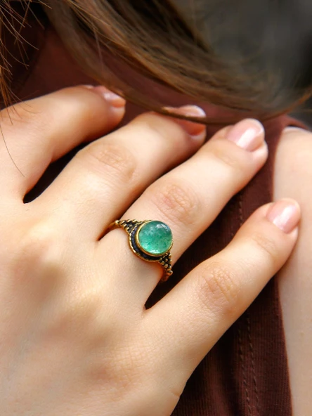 Doğal Taş Yuvarlak Yeşil Akik Doğal Taşlı Kadın Ayarlanabilir Yüzük euy35ya - Resim 2