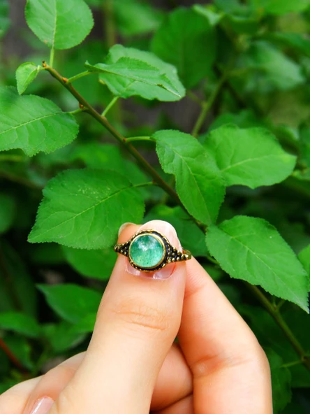 Doğal Taş Yuvarlak Yeşil Akik Doğal Taşlı Kadın Ayarlanabilir Yüzük euy35ya - Resim 3