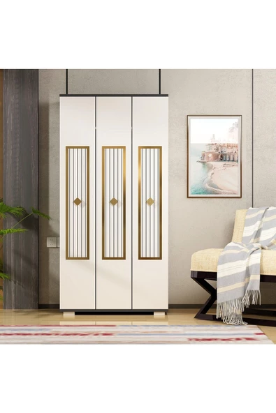 DEMONTE DECOR NORRA (C) 3 KAPAKLI GARDIROP ve ÇOK AMAÇLI DOLAP ANTRASİT-BEYAZ-ALTIN