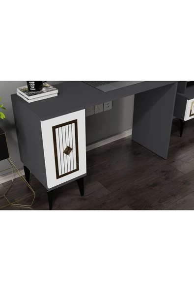 DEMONTE DECOR NORRA ÇALIŞMA MASASI VE KİTAPLIK TAKIMI ANTRASİT-BEYAZ-ALTIN - 4