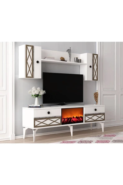 DEMONTE DECOR ALLEGRADH ŞÖMİNELİ TV ÜNİTESİ TAKIMI BEYAZ GÜMÜŞ - 3