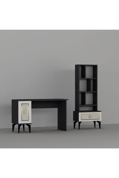 DEMONTE DECOR NORRA ÇALIŞMA MASASI VE KİTAPLIK TAKIMI ANTRASİT-BEYAZ-ALTIN - 5