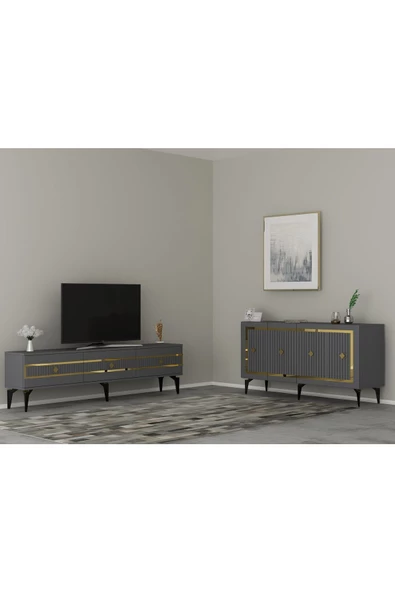 DEMONTE DECOR NOVVA TV SEHPASI (alt modül) ve KONSOL 2'Lİ SALON TAKIMI ANTRASİT-ALTIN