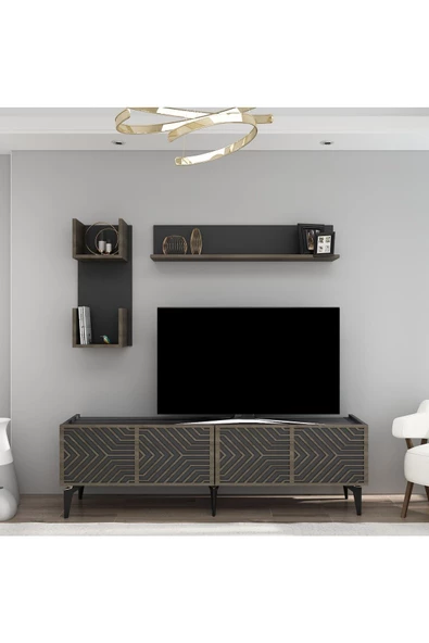 DEMONTE DECOR MERRLİN TV ÜNİTESİ TAKIMI ANTRASİT-(CEVİZ DESEN)
