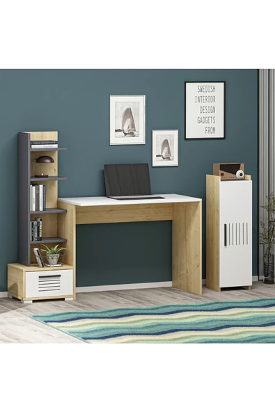 DEMONTE DECOR 5 Raflı, Çekmeceli Ve Duvar Raflı Asimo Pt Çalışma Masası Safirmeşe-beyaz-antrasit - 2