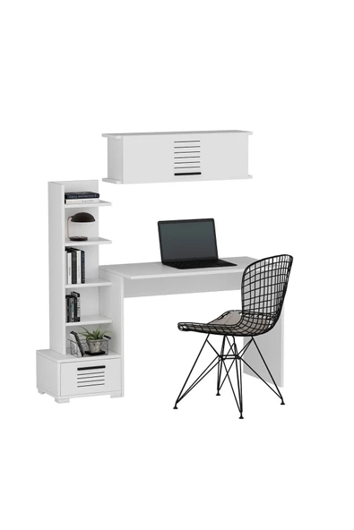 DEMONTE DECOR 5 Raflı, Çekmeceli Ve Duvar Raflı Asimo Pt Çalışma Masası Beyaz-beyaz - 4