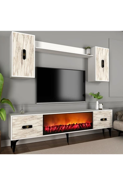 DEMONTE DECOR FLY 180 CM ŞÖMİNELİ (B) TV ÜNİTESİ TAKIMI BEYAZ-EFESMERMER - 3
