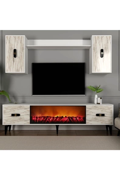 DEMONTE DECOR FLY 180 CM ŞÖMİNELİ (B) TV ÜNİTESİ TAKIMI BEYAZ-EFESMERMER