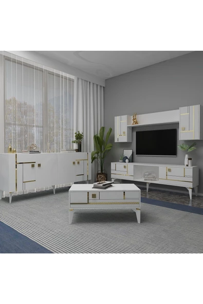 DEMONTE DECOR MADERA TV ÜNİTESİ,KONSOL ve ORTA SEHPA 3'LÜ SALON TAKIMI BEYAZ-ALTIN