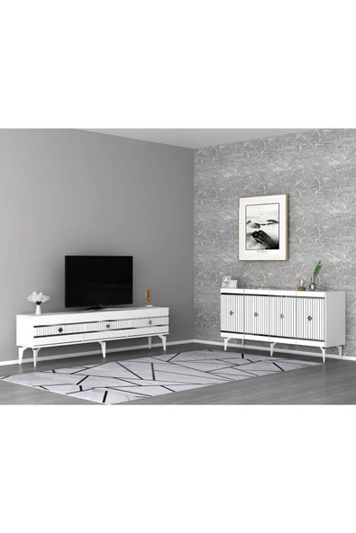 DEMONTE DECOR LENNORA TV SEHPASI (alt modül) ve KONSOL 2'Lİ SALON TAKIMI BEYAZ-GÜMÜŞ
